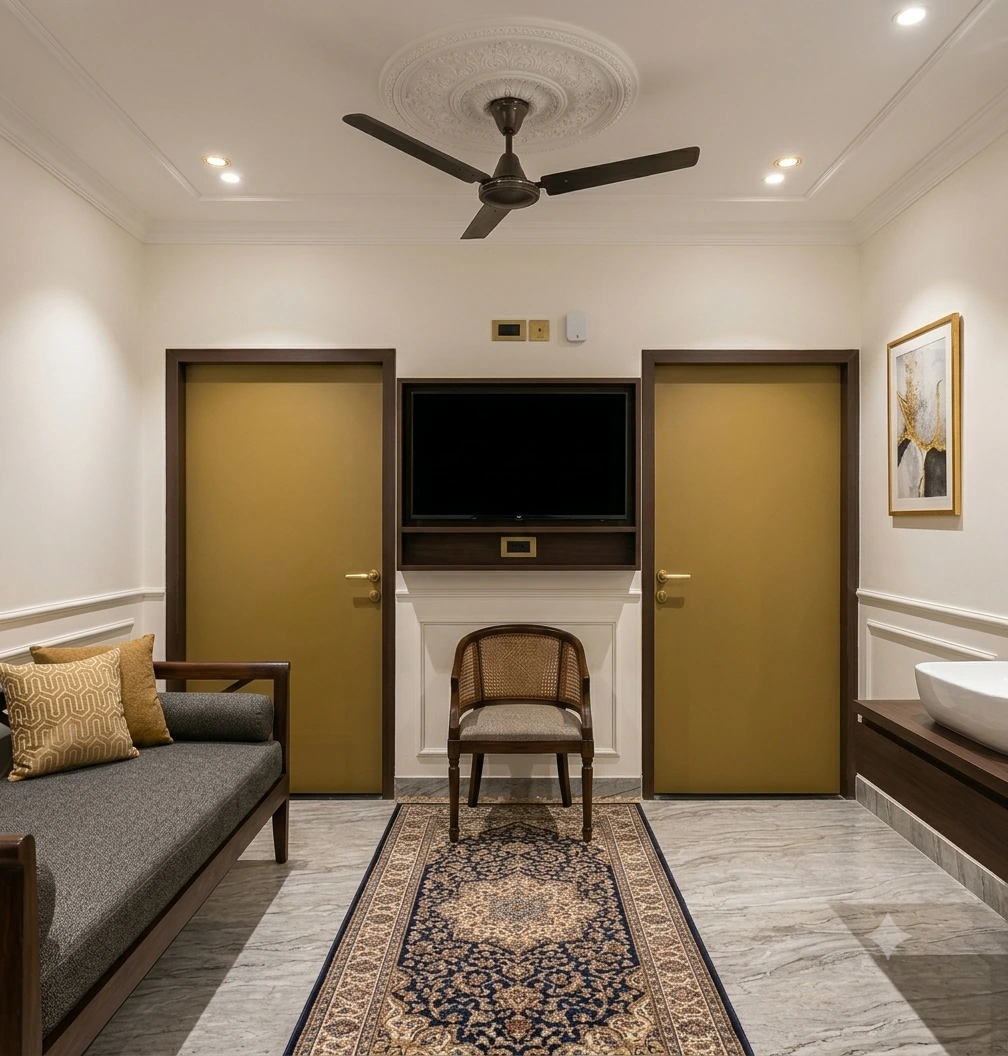 Comfortable AC guest room at Sukhada Homestay Puri